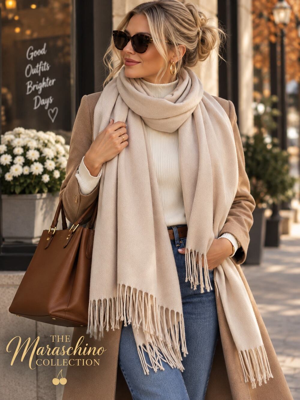Cashmere Beige Oversized Scarf Wrap 26x76 Fringe Quiet Luxury Neutral NWOT